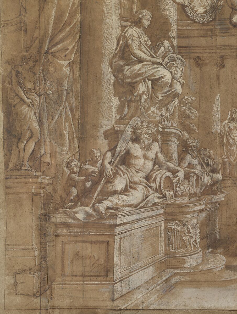 Design for a Thesis Print with an Allegory of Knowledge and Portrait of Cardinal Antonio Barberini the Younger (1607–1671), Pietro da Cortona (Pietro Berrettini) (Italian, Cortona 1596–1669 Rome), Pen and brown ink, brush and brown wash, highlighted with white, over black chalk, on brown paper