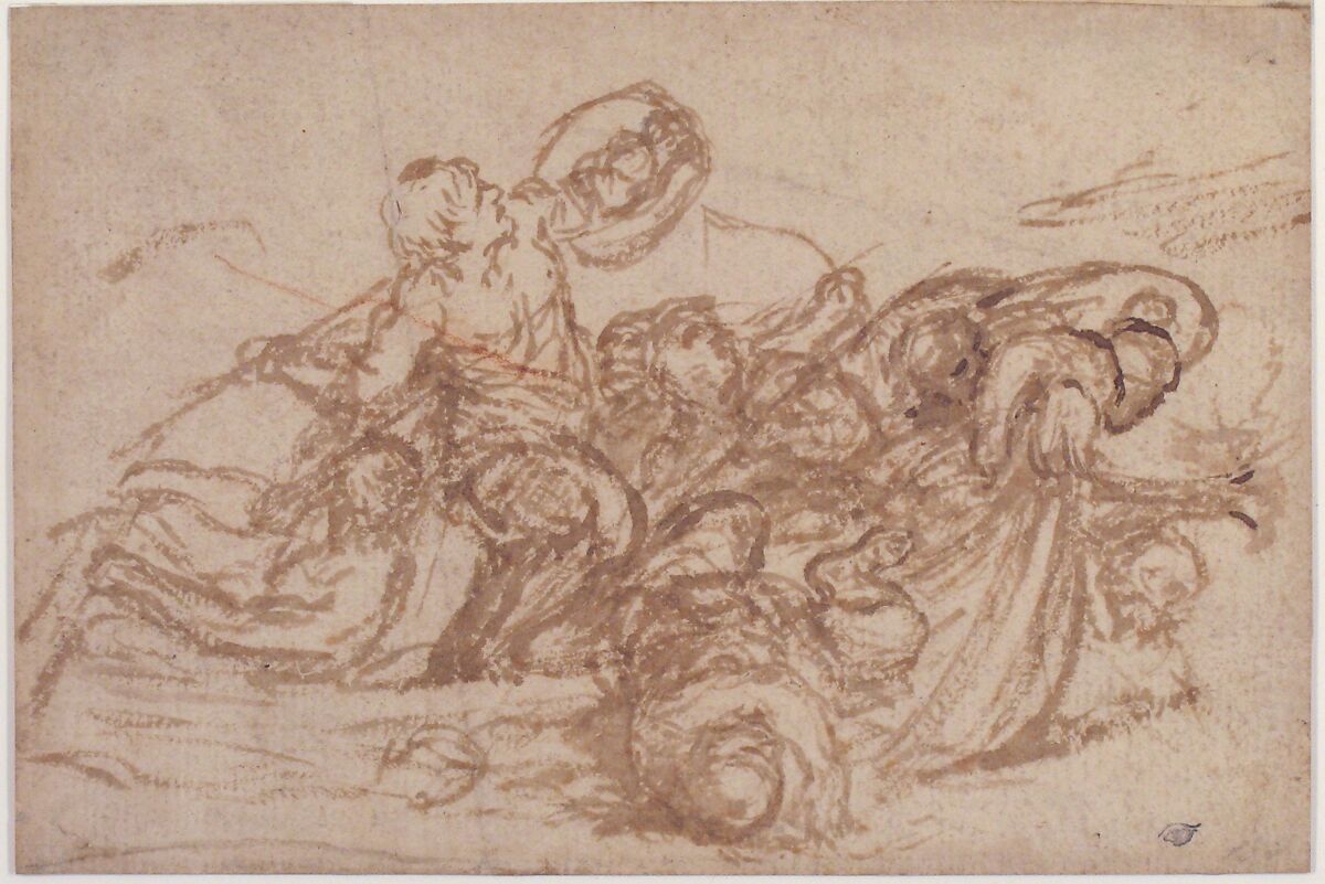 Sea Battle, Pietro da Cortona (Pietro Berrettini) (Italian, Cortona 1596–1669 Rome), Brush and brown wash