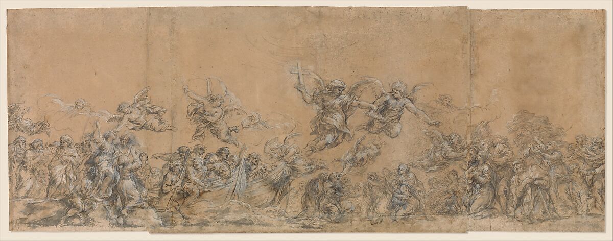 Study for Angels Sealing the Foreheads of the Children of Israel in Saint Peter's Basilica, Pietro da Cortona (Pietro Berrettini)  Italian, Black chalk, brush with brown and gray wash, highlighted with white gouache, on three sheets of brownish paper glued with overlapping joints