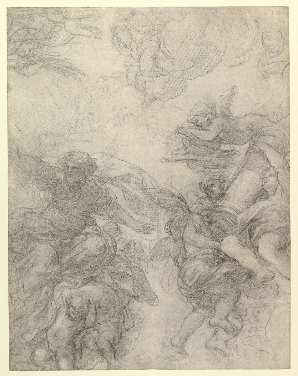 God the Father with Angels Holding Symbols of the Passion, Pietro da Cortona (Pietro Berrettini) (Italian, Cortona 1596–1669 Rome), Black chalk 