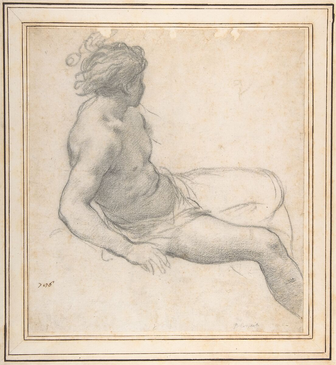 Study of a Seated Youth for the Age of Gold, Pietro da Cortona (Pietro Berrettini) (Italian, Cortona 1596–1669 Rome), Black chalk 