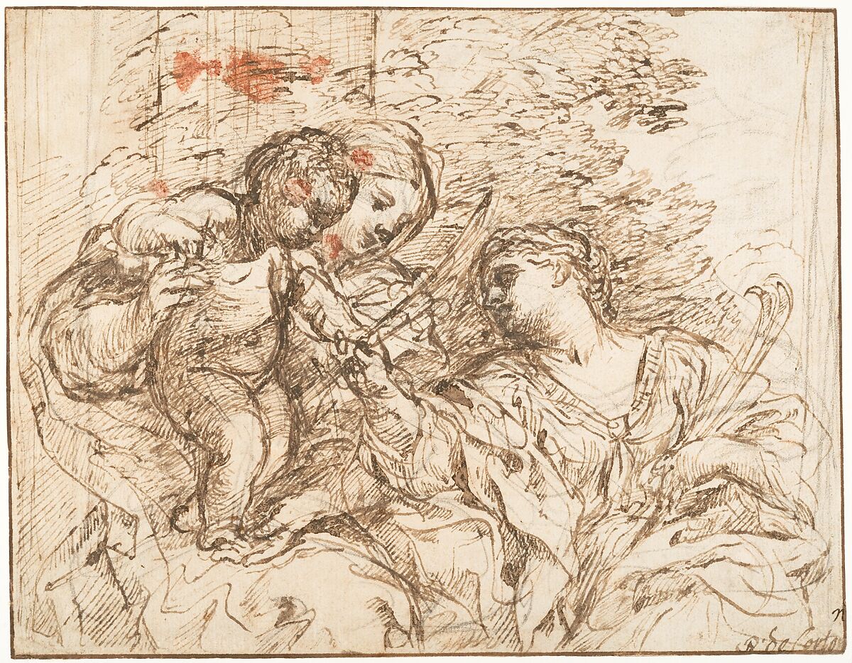 The Virgin and Child with Saint Martina, Pietro da Cortona (Pietro Berrettini) (Italian, Cortona 1596–1669 Rome), Pen and brown ink, brush and brown wash, over black chalk; framing lines in pen and brown ink