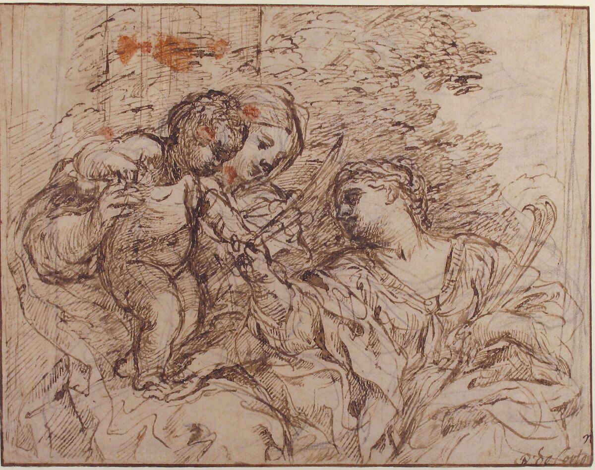 The Virgin and Child with Saint Martina, Pietro da Cortona (Pietro Berrettini) (Italian, Cortona 1596–1669 Rome), Pen and brown ink, brush and brown wash, over black chalk; framing lines in pen and brown ink