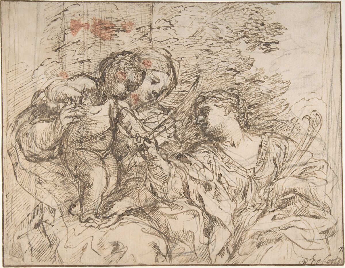 The Virgin and Child with Saint Martina, Pietro da Cortona (Pietro Berrettini) (Italian, Cortona 1596–1669 Rome), Pen and brown ink, brush and brown wash, over black chalk; framing lines in pen and brown ink 
