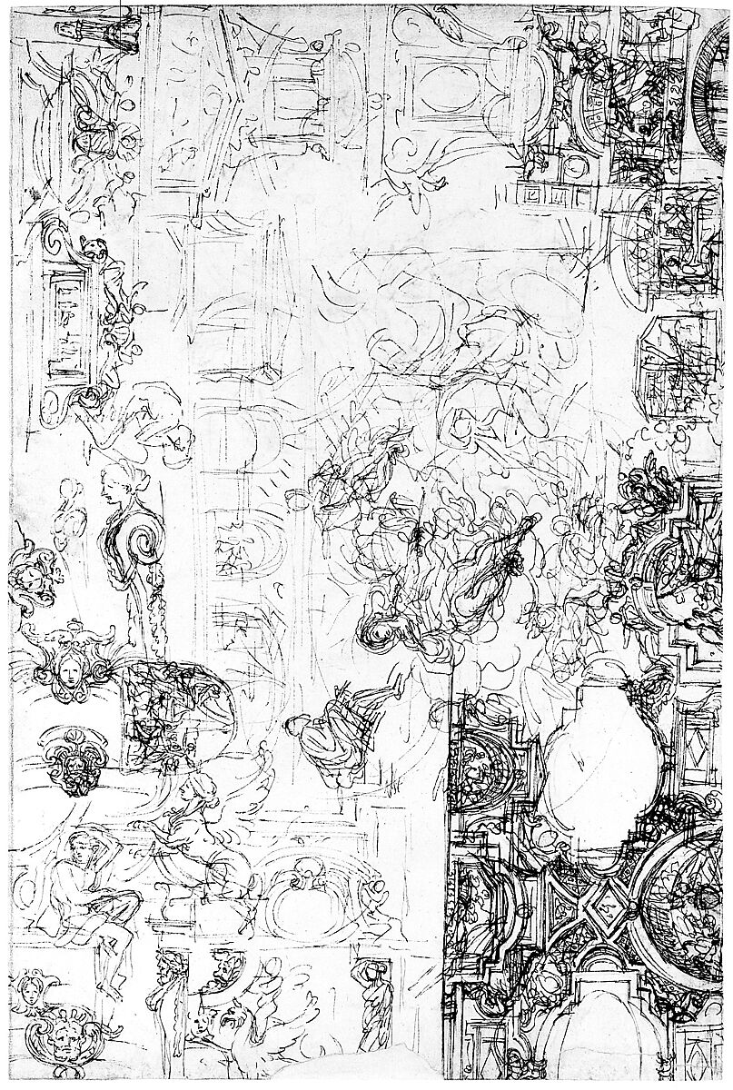 Studies for a Ceiling (recto and verso), Michel Corneille the Younger (French, Paris 1642–1708 Paris), Pen and dark brown ink over traces of leadpoint (recto); pen and dark brown ink over leadpoint (verso)