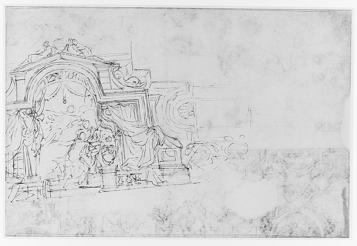 Studies for a Ceiling (recto and verso), Michel Corneille the Younger (French, Paris 1642–1708 Paris), Pen and dark brown ink over traces of leadpoint (recto); pen and dark brown ink over leadpoint (verso)