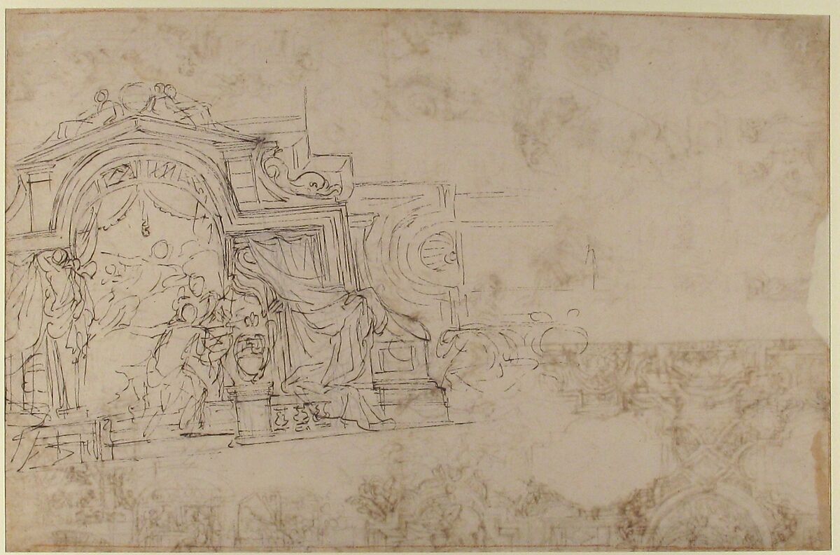 Studies for a Ceiling (recto and verso), Michel Corneille the Younger (French, Paris 1642–1708 Paris), Pen and dark brown ink over traces of leadpoint (recto); pen and dark brown ink over leadpoint (verso)
