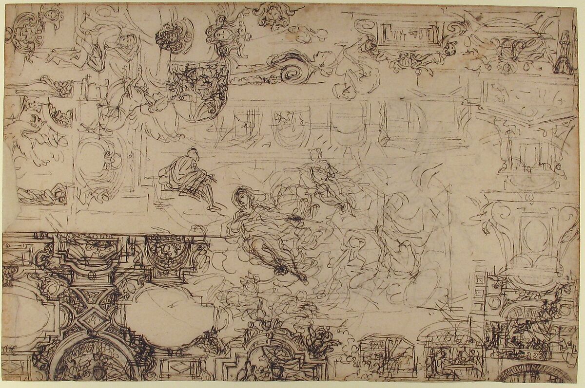 Studies for a Ceiling (recto and verso), Michel Corneille the Younger (French, Paris 1642–1708 Paris), Pen and dark brown ink over traces of leadpoint (recto); pen and dark brown ink over leadpoint (verso)