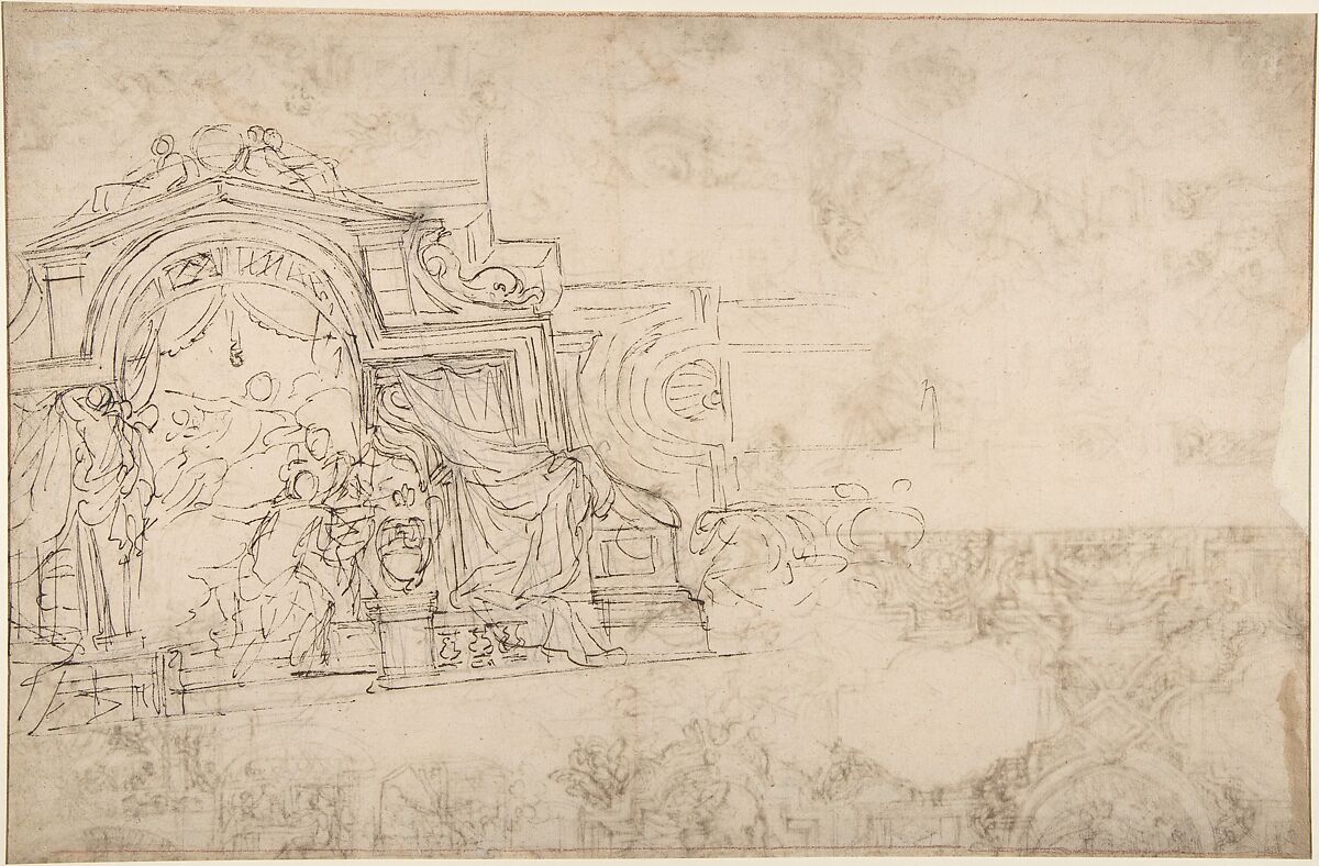 Studies for a Ceiling (recto and verso), Michel Corneille the Younger (French, Paris 1642–1708 Paris), Pen and dark brown ink over traces of leadpoint (recto); pen and dark brown ink over leadpoint (verso)
