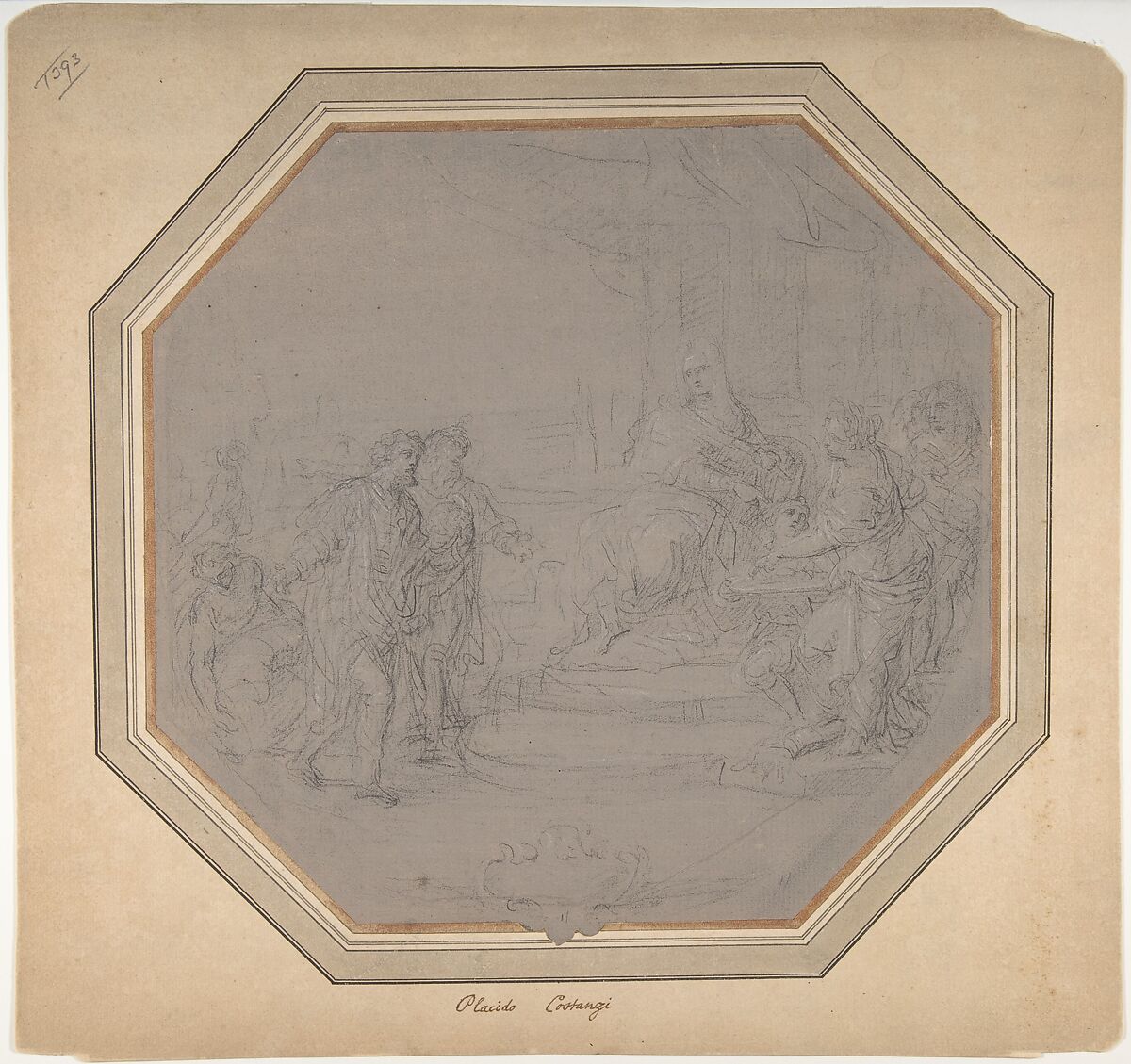 Unidentified Subject, Placido Costanzi (Italian, Rome 1702–1759 Rome), Black chalk, highlighted with white, on gray-washed paper 
