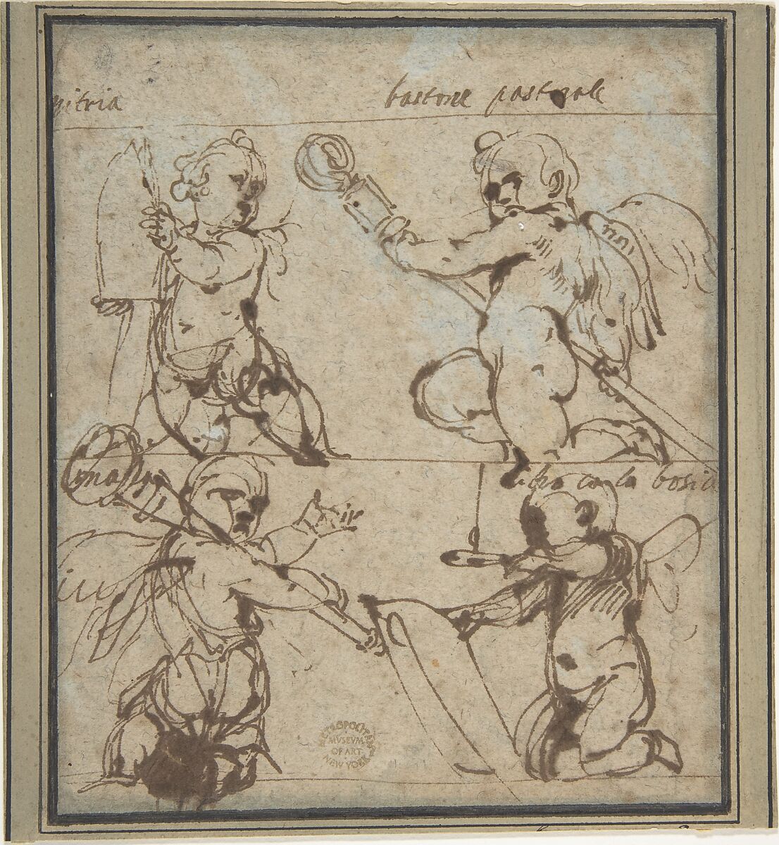 Putti with a Mitre, Crosier Mace, Book, and Candle, Daniele Crespi (Italian, Busto Arsizio 1597/1600–1630 Milan), Pen and brown ink on faded blue paper 