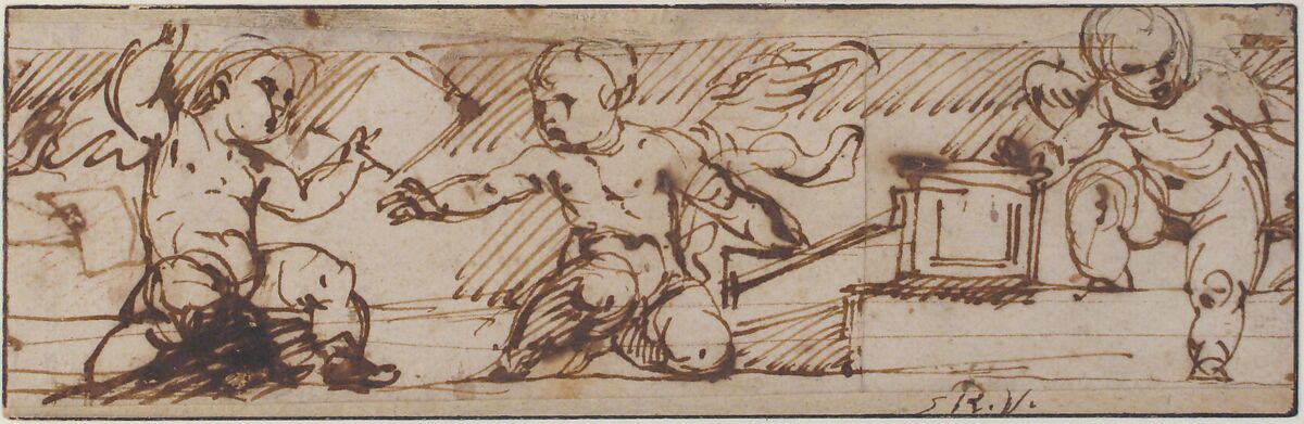 Putti with a Small Keyboard Instrument and Music Books, Daniele Crespi (Italian, Busto Arsizio 1597/1600–1630 Milan), Pen and brown ink 