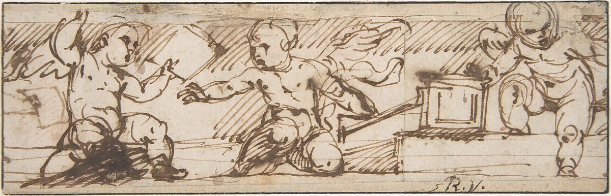 Putti with a Small Keyboard Instrument and Music Books, Daniele Crespi (Italian, Busto Arsizio 1597/1600–1630 Milan), Pen and brown ink