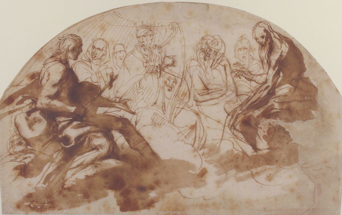 Saint John the Baptist, Saint Benedict, King David, and Other Seated Figures, Daniele Crespi (Italian, Busto Arsizio 1597/1600–1630 Milan), Pen and brown ink, brush and brown wash 