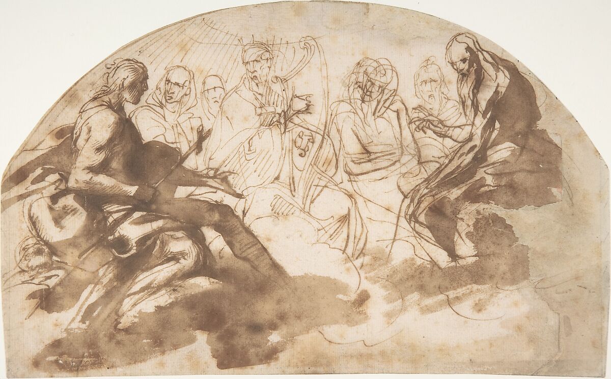 Saint John the Baptist, Saint Benedict, King David, and Other Seated Figures, Daniele Crespi (Italian, Busto Arsizio 1597/1600–1630 Milan), Pen and brown ink, brush and brown wash