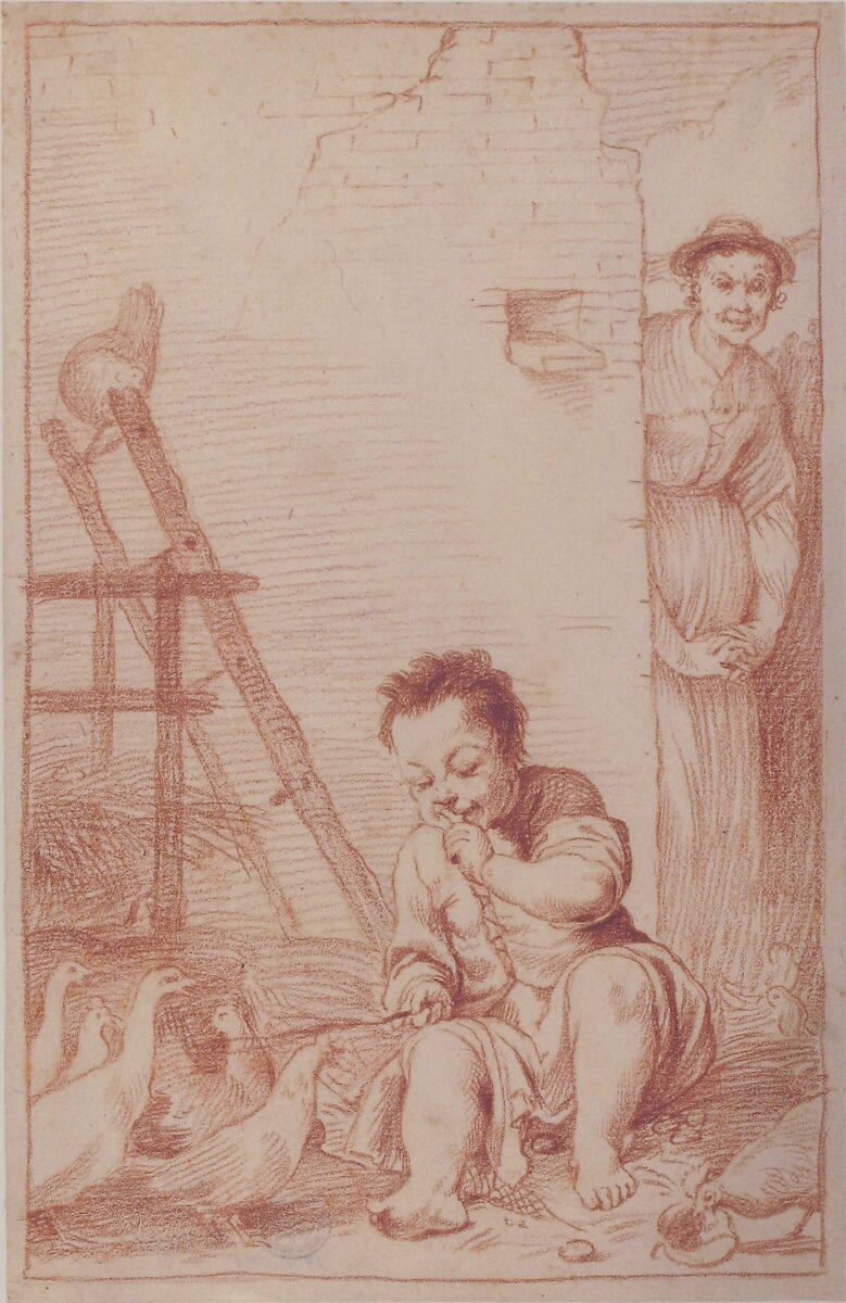 Marcolfa Discovers BertoldinoTrying to Hatch Eggs (recto); Sketch of Bertoldino (verso), Giuseppe Maria Crespi (Italian, Bologna 1665–1747 Bologna), Red chalk (recto); faint black chalk sketch of Bertoldino (verso) 