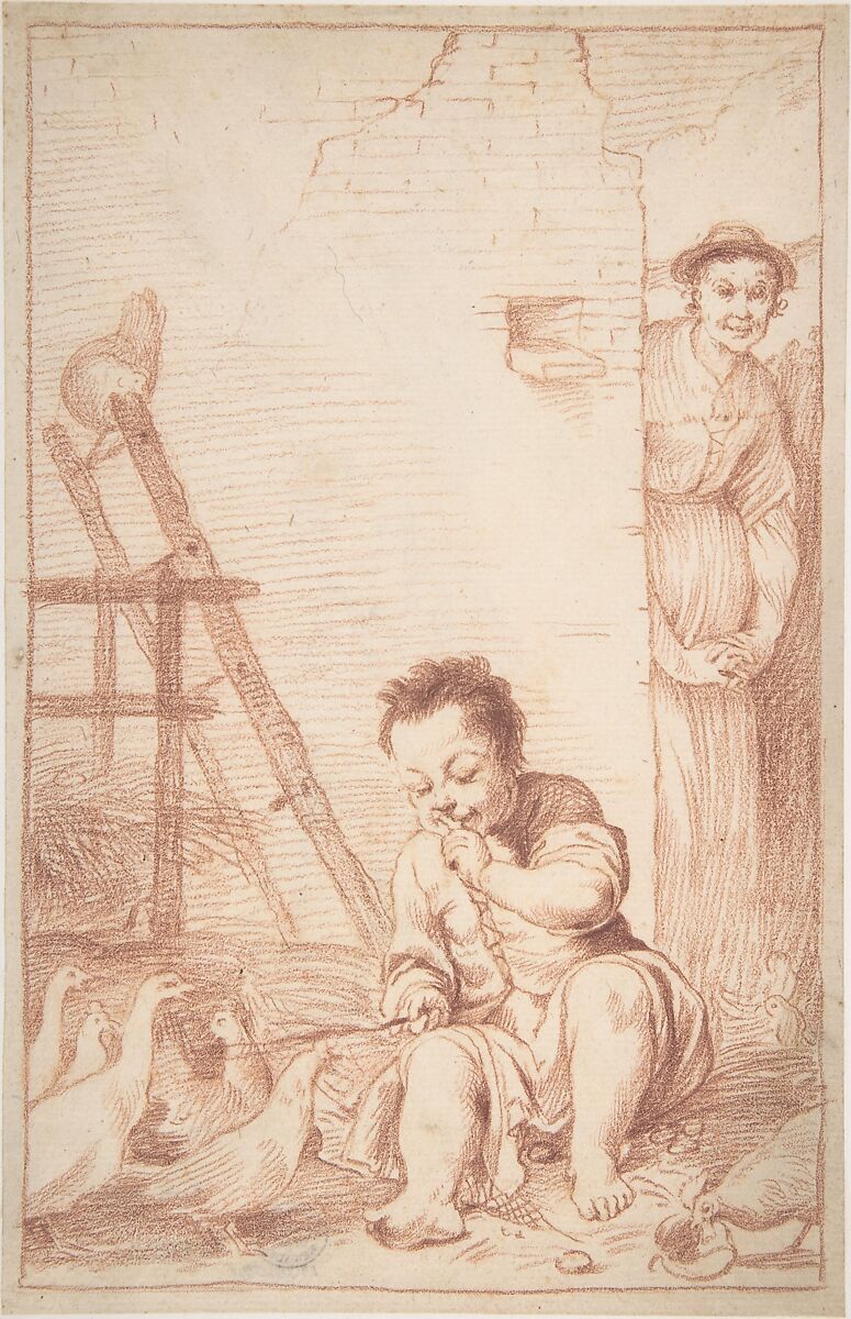 Marcolfa Discovers BertoldinoTrying to Hatch Eggs (recto); Sketch of Bertoldino (verso), Giuseppe Maria Crespi (Italian, Bologna 1665–1747 Bologna), Red chalk (recto); faint black chalk sketch of Bertoldino (verso)