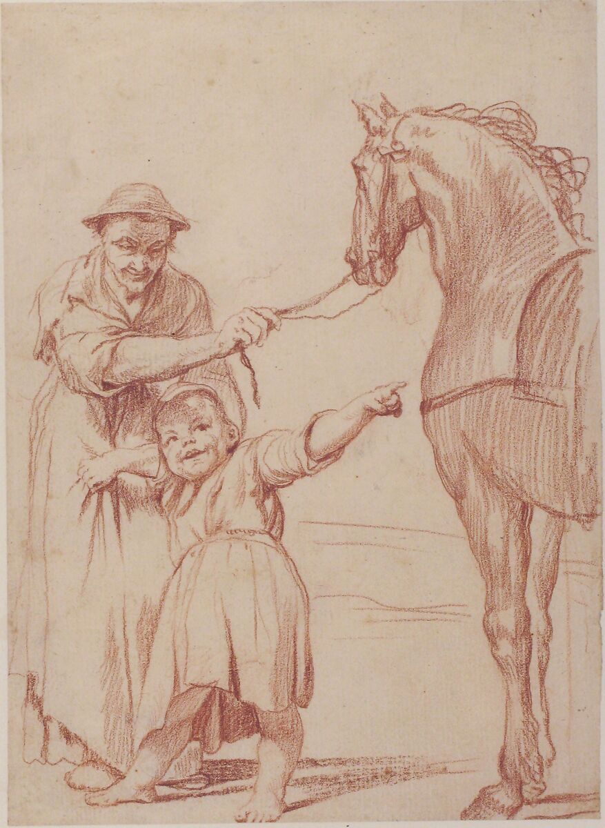 Marcolfa Persuades Cacasenno to Mount a Horse, Giuseppe Maria Crespi (Italian, Bologna 1665–1747 Bologna), Red chalk 