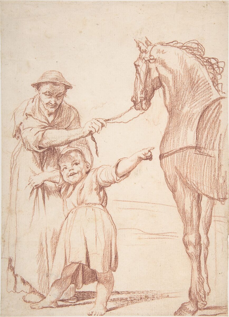 Marcolfa Persuades Cacasenno to Mount a Horse, Giuseppe Maria Crespi (Italian, Bologna 1665–1747 Bologna), Red chalk