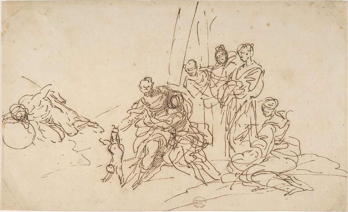 Thetis Dipping the Infant Achilles into the Waters of the Styx, Donato Creti (Italian, Cremona 1671–1749 Bologna), Pen and brown ink