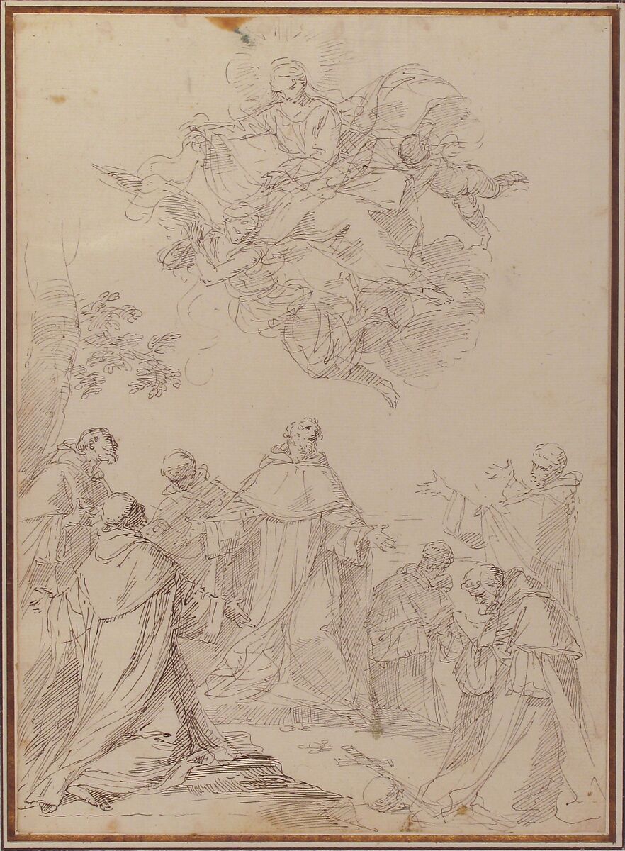 The Virgin Bringing the Habit to the Seven Founding Fathers of the Servite Order, Donato Creti (Italian, Cremona 1671–1749 Bologna), Pen and brown ink 