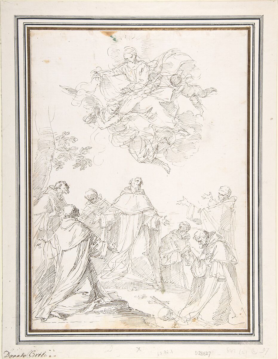 The Virgin Bringing the Habit to the Seven Founding Fathers of the Servite Order, Donato Creti (Italian, Cremona 1671–1749 Bologna), Pen and brown ink