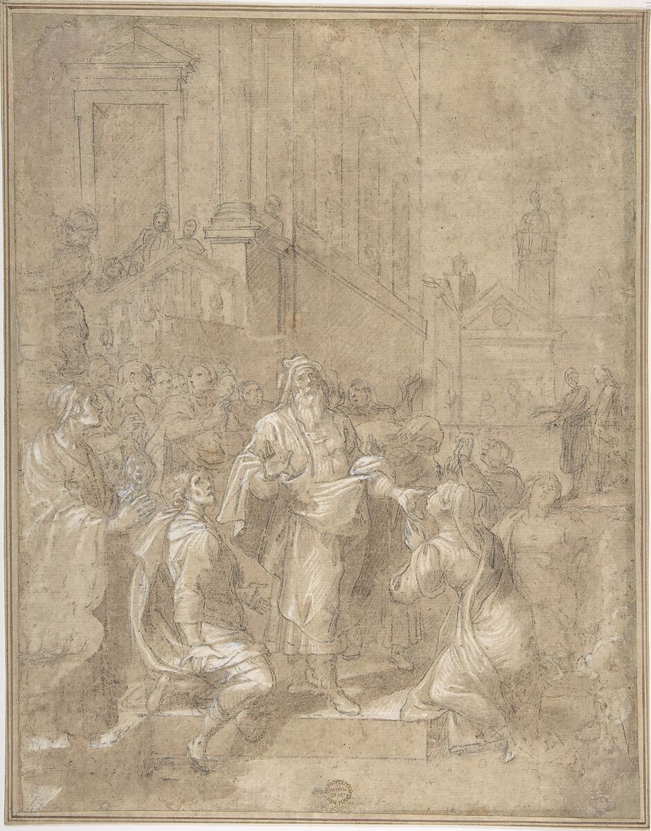Thanksgiving, for the Acquittal of Susanna (Daniel 13:63), Baldassare Croce (Italian, Bologna 1553/58–1628 Rome), Black chalk, brush and brown wash, highlighted with white, on brownish paper