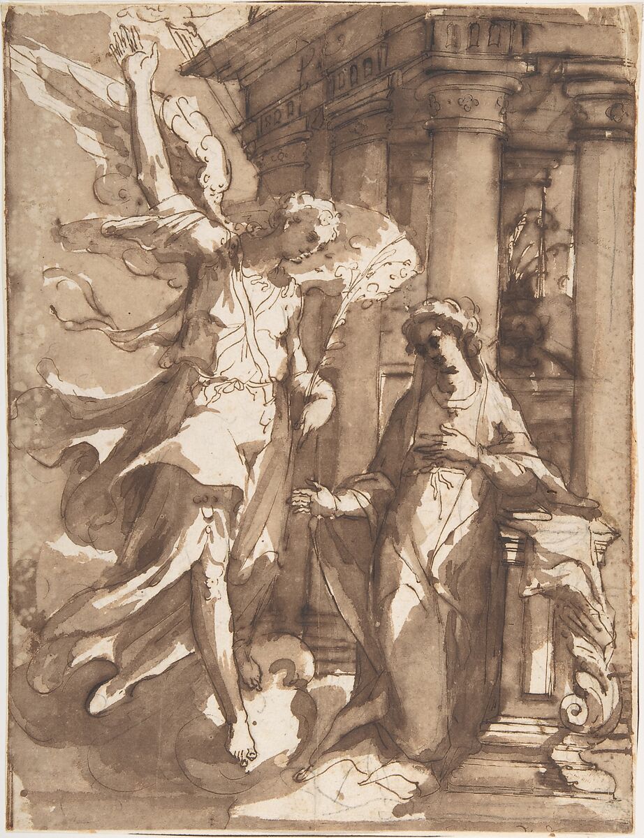 The Annunciation, Francesco Curia (Italian, documented Naples 1565/70–1608 Naples), Pen and brown ink, brush and brown wash over black chalk