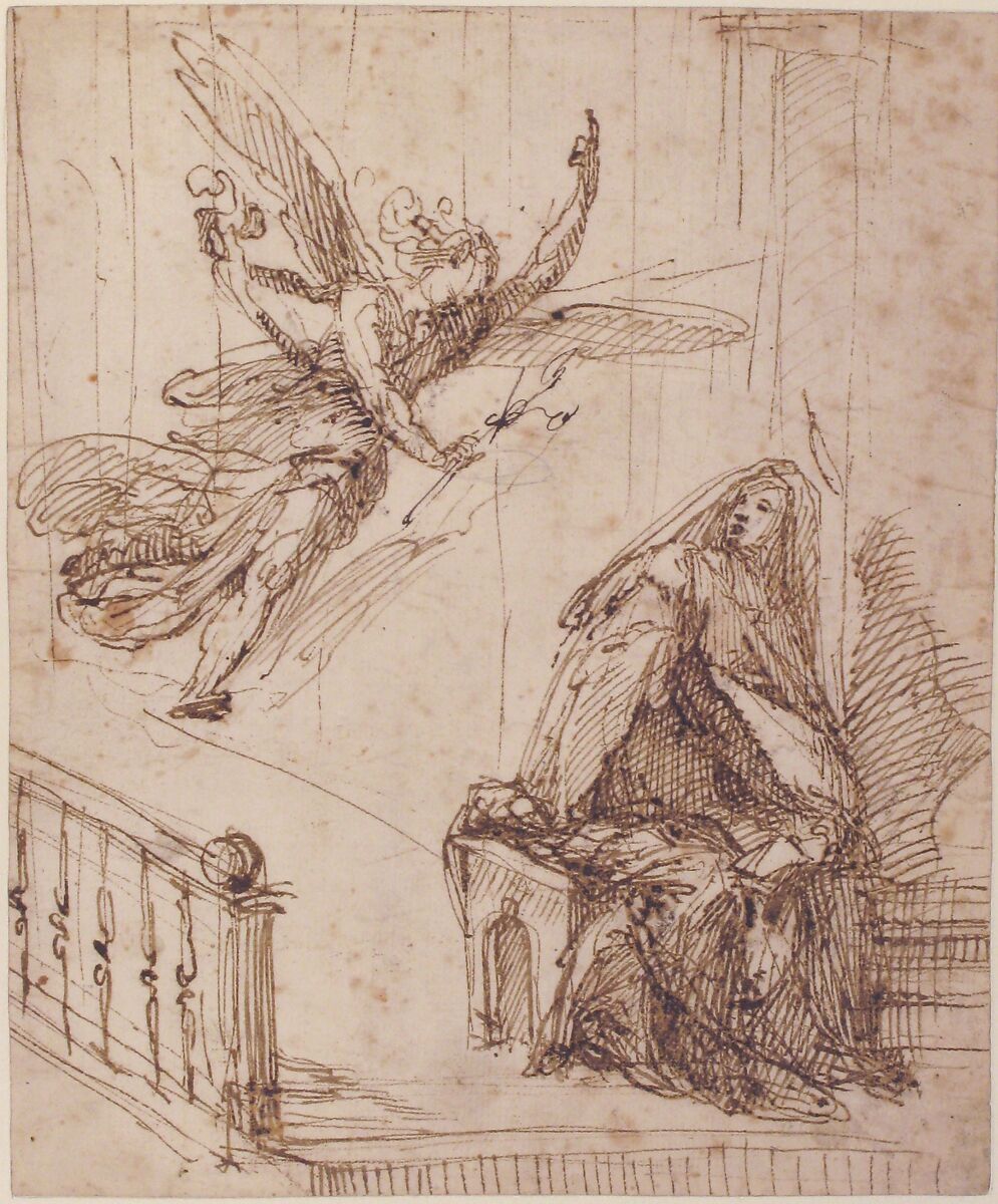 The Annunciation, Francesco Curia (Italian, documented Naples 1565/70–1608 Naples), Pen and brown ink, traces of black chalk 