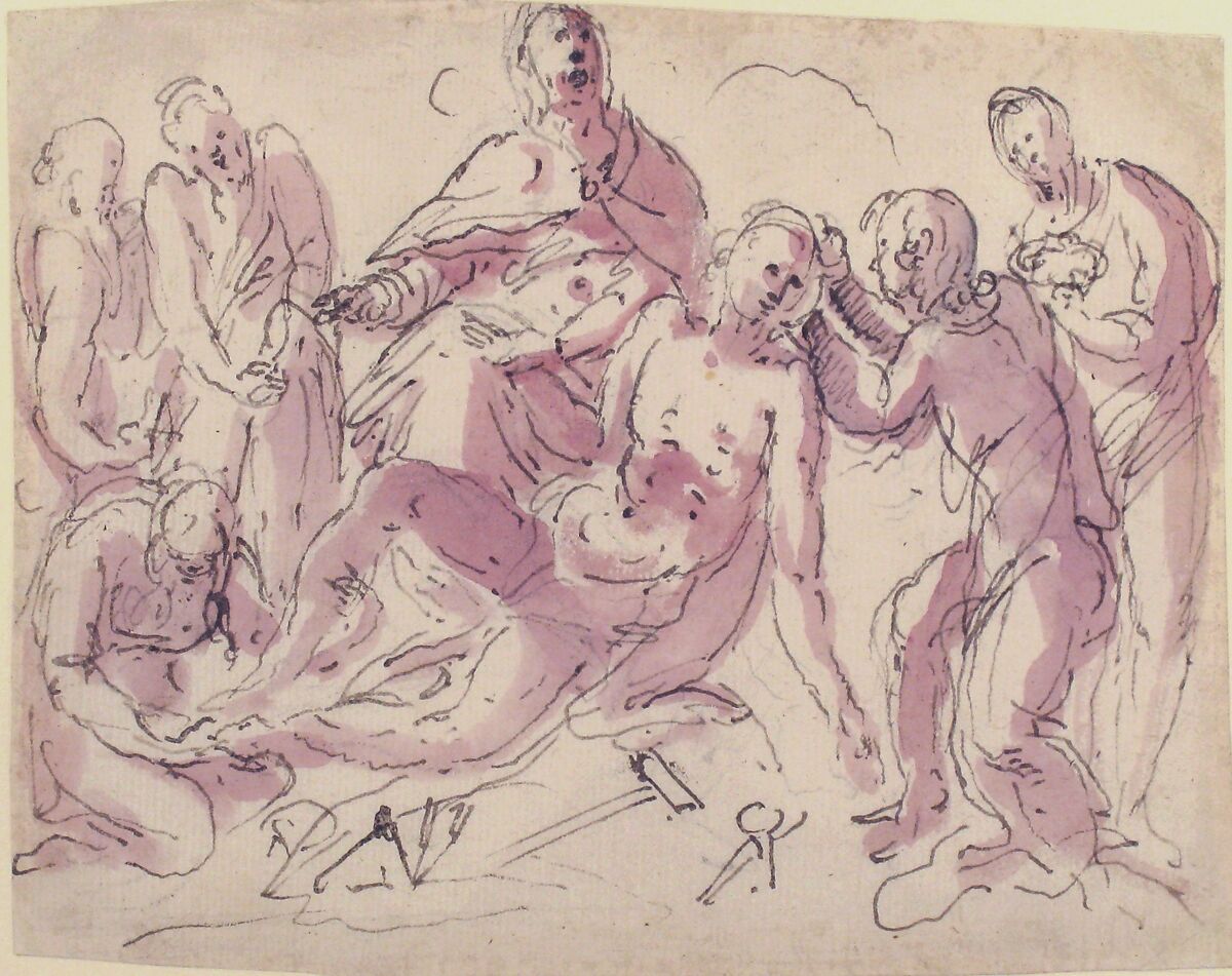 Lamentation over the Dead Christ, Francesco Curia (Italian, documented Naples 1565/70–1608 Naples), Pen and brown ink, brush and violet wash, over traces of black chalk 