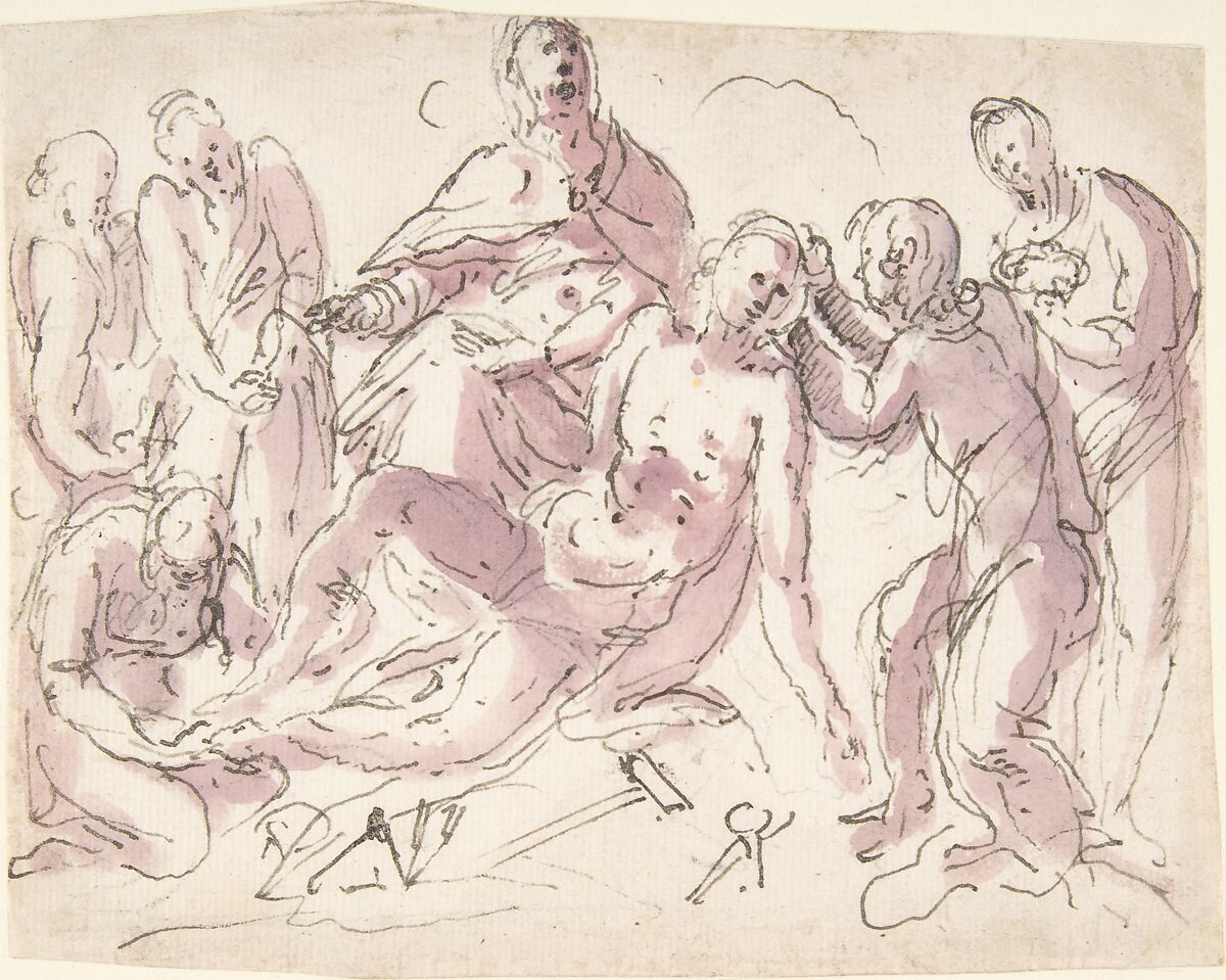 Lamentation over the Dead Christ, Francesco Curia (Italian, documented Naples 1565/70–1608 Naples), Pen and brown ink, brush and violet wash, over traces of black chalk