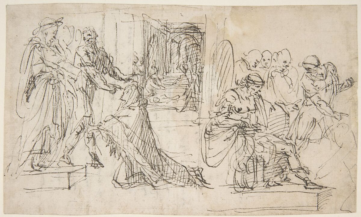 Woman Kneeling before a Standing Man, and Supplicant Kneeling before an Enthroned Male Figure, Francesco Curia (Italian, documented Naples 1565/70–1608 Naples), Pen and brown ink