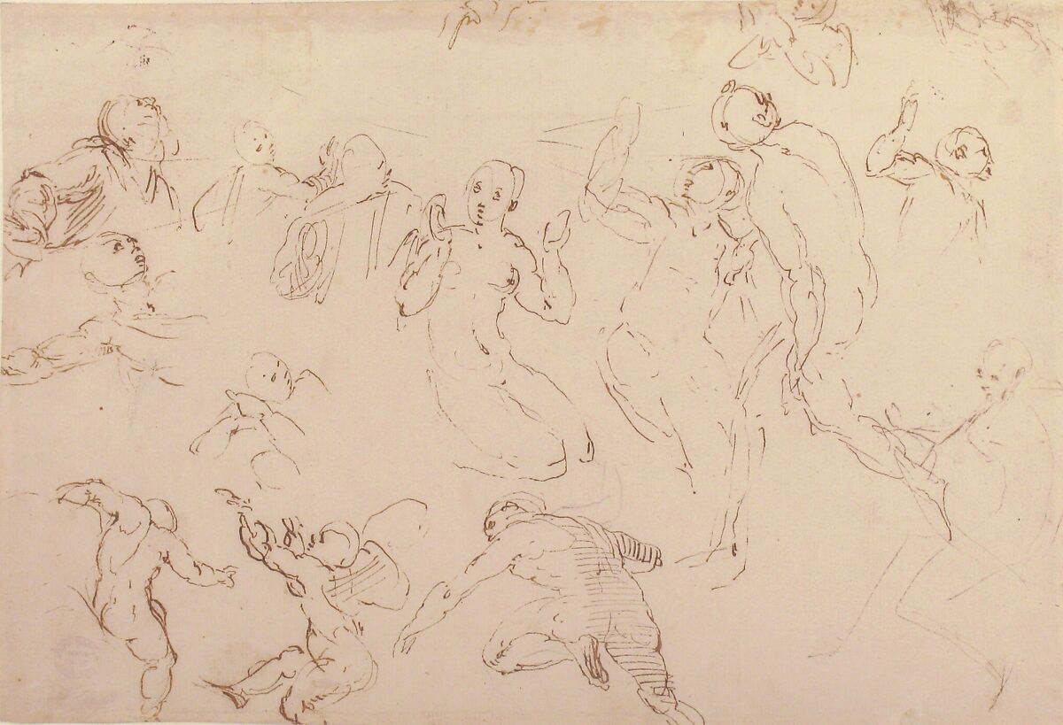 Standing and Kneeling Figures, and Studies of Flying Putti, Francesco Curia (Italian, documented Naples 1565/70–1608 Naples), Pen and brown ink, with traces of black chalk