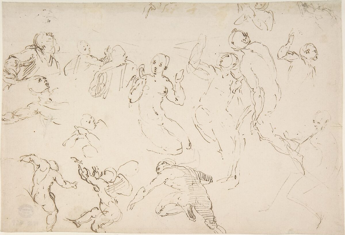 Standing and Kneeling Figures, and Studies of Flying Putti, Francesco Curia (Italian, documented Naples 1565/70–1608 Naples), Pen and brown ink, with traces of black chalk 