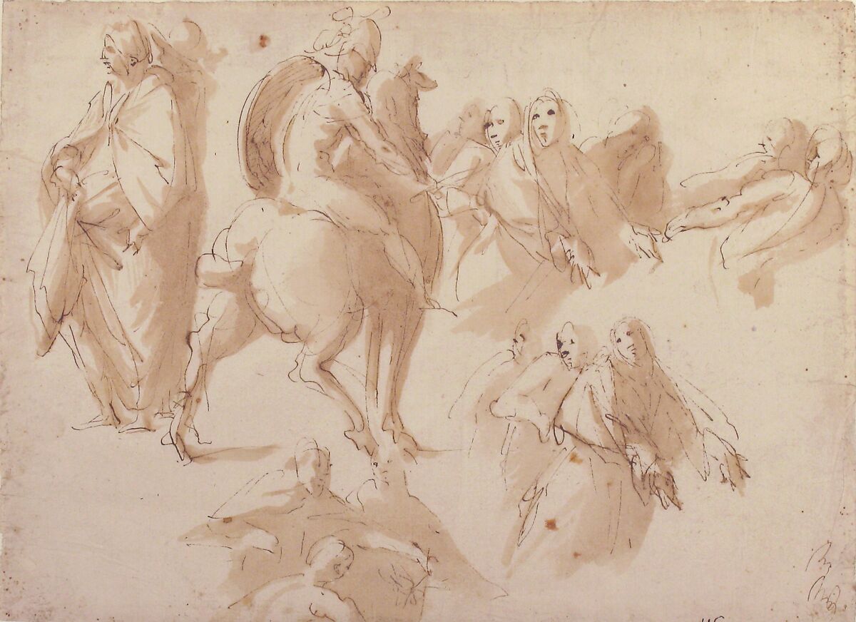 Figure Studies: Warrior on Horseback, and Groups of Standing Female Figures, Francesco Curia (Italian, documented Naples 1565/70–1608 Naples), Pen and brown ink, brush and brown wash 