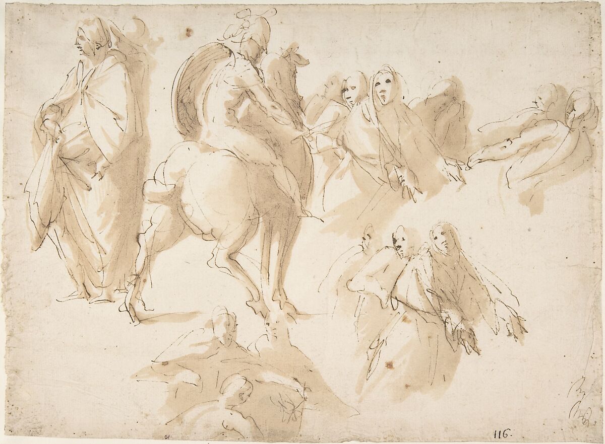 Figure Studies: Warrior on Horseback, and Groups of Standing Female Figures, Francesco Curia (Italian, documented Naples 1565/70–1608 Naples), Pen and brown ink, brush and brown wash