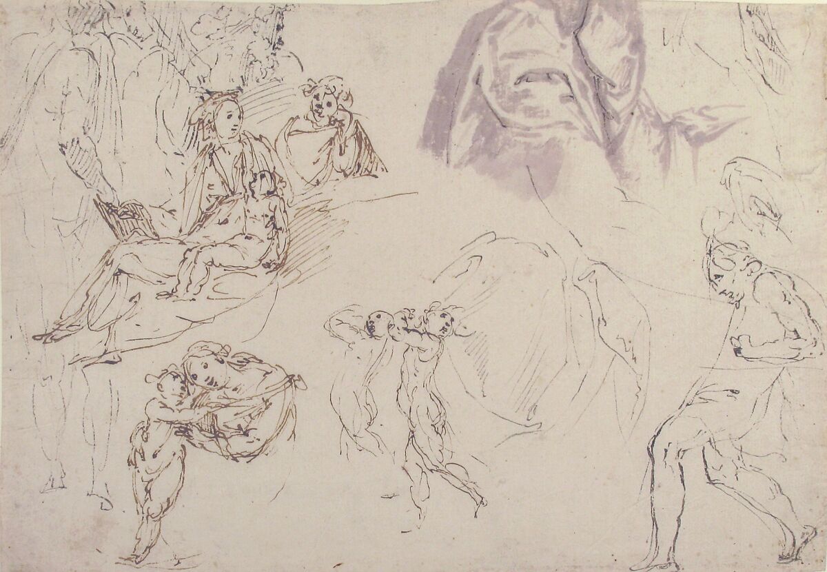 Figure Studies: The Holy Family, a Running or Dancing Child, Drapery Studies, Francesco Curia (Italian, documented Naples 1565/70–1608 Naples), Pen and brown ink, brush and pale violet wash. 