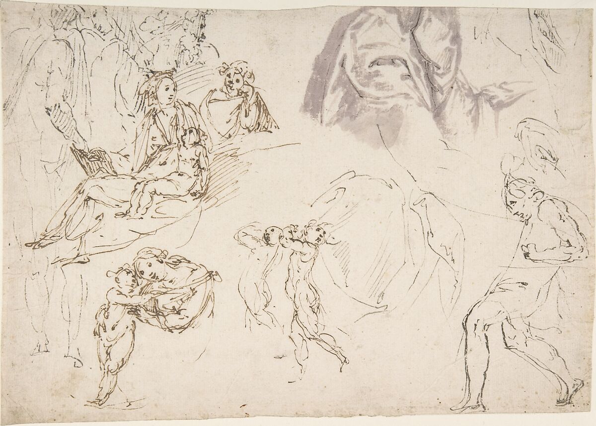Figure Studies: The Holy Family, a Running or Dancing Child, Drapery Studies, Francesco Curia (Italian, documented Naples 1565/70–1608 Naples), Pen and brown ink, brush and pale violet wash.