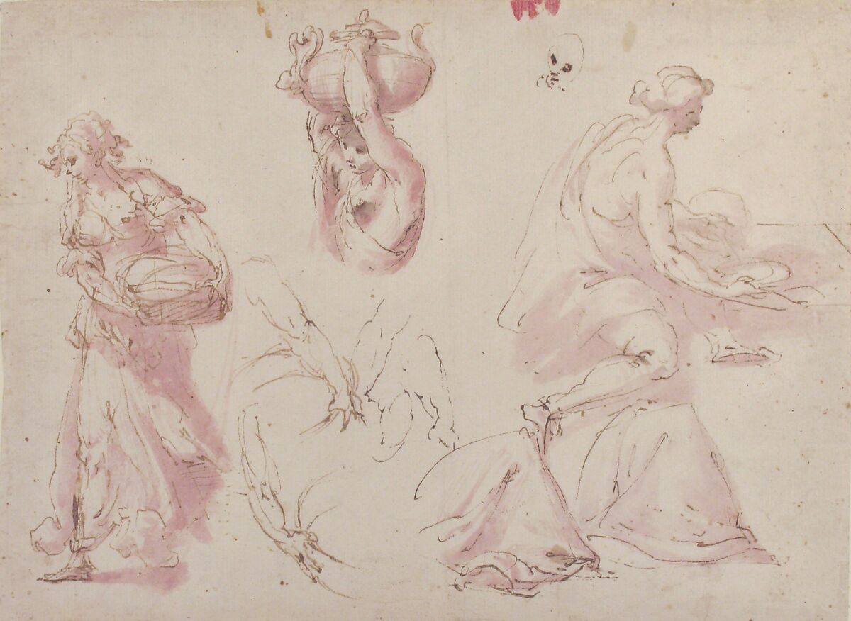 Figure Studies: Woman Carrying a Basket; Woman Carrying a Vase, and Woman Seated at a Table, Francesco Curia (Italian, documented Naples 1565/70–1608 Naples), Pen and brown ink, brush and violet wash. 