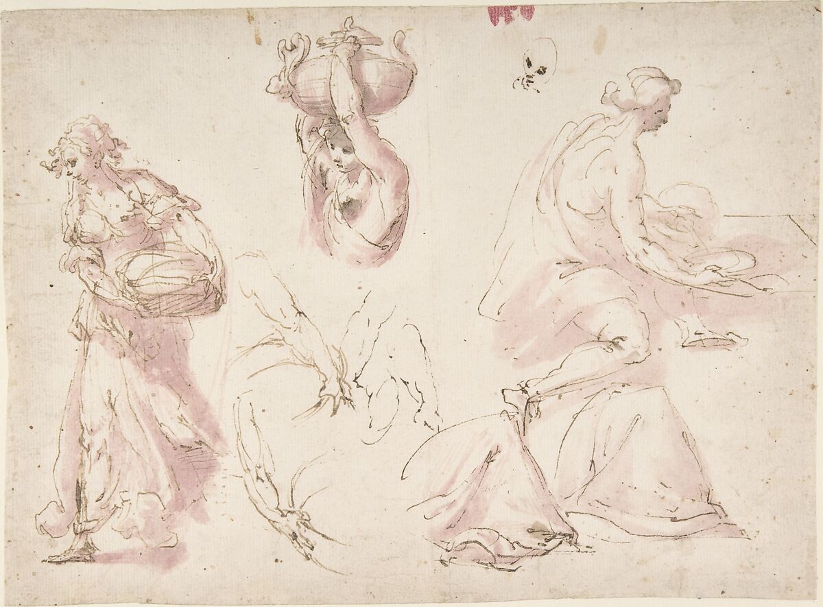 Figure Studies: Woman Carrying a Basket; Woman Carrying a Vase, and Woman Seated at a Table, Francesco Curia (Italian, documented Naples 1565/70–1608 Naples), Pen and brown ink, brush and violet wash.