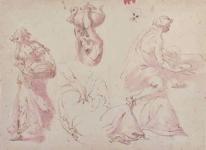 Figure Studies: Woman Carrying a Basket; Woman Carrying a Vase, and Woman Seated at a Table