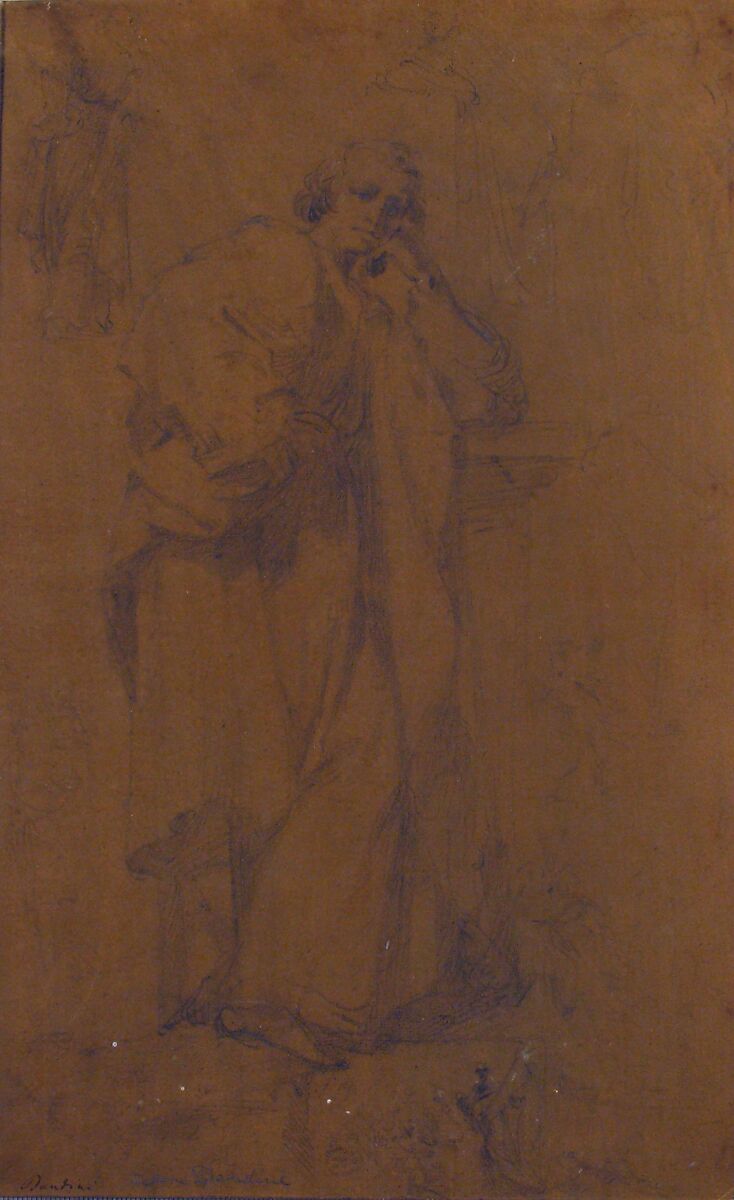 Standing Draped Male Figure, His Left Arm Resting on a Pillar, Cesare Dandini (Italian, Florence 1596–1657 Florence), Black chalk (with some traces of reworking in graphite by a restorer), on dark brown washed paper; glued onto secondary paper support. 
