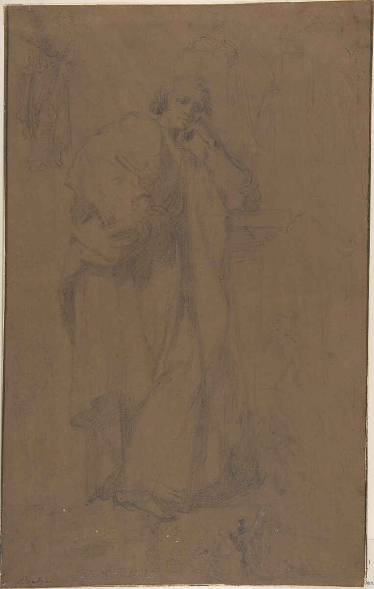 Standing Draped Male Figure, His Left Arm Resting on a Pillar, Cesare Dandini (Italian, Florence 1596–1657 Florence), Black chalk (with some traces of reworking in graphite by a restorer), on dark brown washed paper; glued onto secondary paper support.