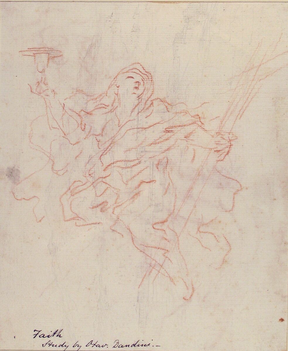 Scene of Abduction (recto); Allegorical Figure of Christian Faith, Drawn over Faint Landscape Indications (verso), Ottaviano Dandini (Italian, Florence (?) 1681–1740 Florence (?)), Brush and pale brown wash (recto); the figure of Faith in red chalk, the landscape in black chalk (verso)