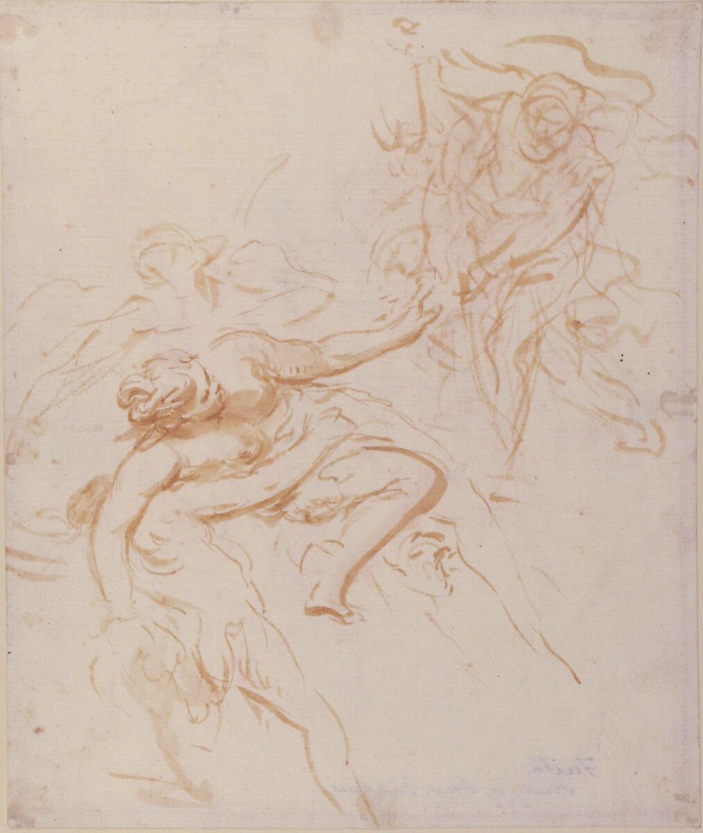 Scene of Abduction (recto); Allegorical Figure of Christian Faith, Drawn over Faint Landscape Indications (verso), Ottaviano Dandini (Italian, Florence (?) 1681–1740 Florence (?)), Brush and pale brown wash (recto); the figure of Faith in red chalk, the landscape in black chalk (verso) 