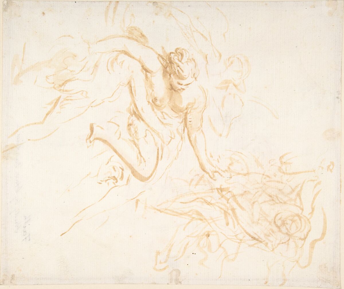 Scene of Abduction (recto); Allegorical Figure of Christian Faith, Drawn over Faint Landscape Indications (verso), Ottaviano Dandini (Italian, Florence (?) 1681–1740 Florence (?)), Brush and pale brown wash (recto); the figure of Faith in red chalk, the landscape in black chalk (verso)