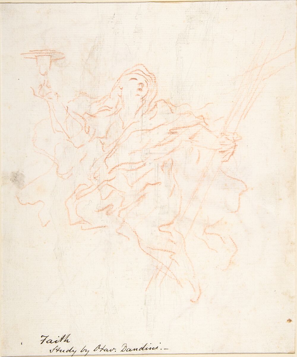 Scene of Abduction (recto); Allegorical Figure of Christian Faith, Drawn over Faint Landscape Indications (verso), Ottaviano Dandini (Italian, Florence (?) 1681–1740 Florence (?)), Brush and pale brown wash (recto); the figure of Faith in red chalk, the landscape in black chalk (verso)