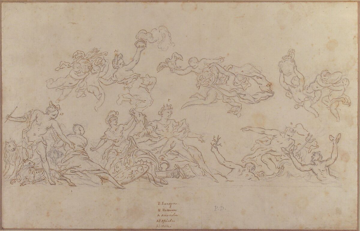 Design for a Ceiling Decoration with Neptune and Allegories of the Four Continents, Pietro Dandini (Italian, Florence 1646–1712 Florence), Pen and brown ink, over black chalk 