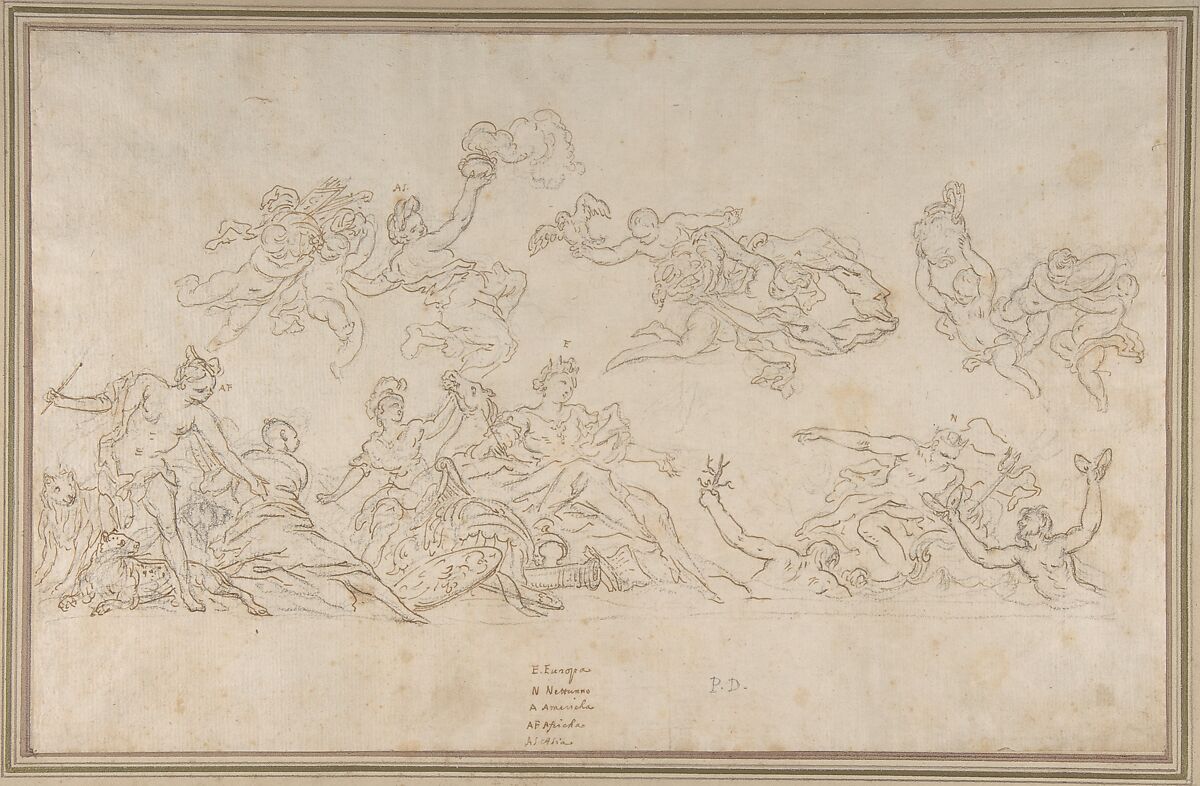 Design for a Ceiling Decoration with Neptune and Allegories of the Four Continents, Pietro Dandini (Italian, Florence 1646–1712 Florence), Pen and brown ink, over black chalk