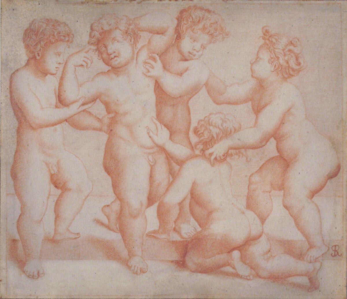 Frieze of Five Putti, After Marco Dente (Italian, Ravenna, active by 1515–died 1527 Rome), Red chalk on parchment 